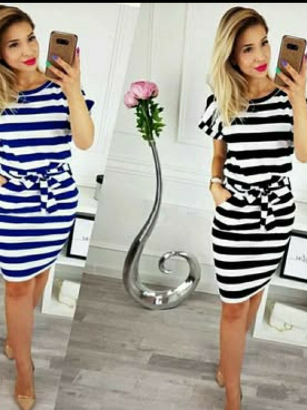 Striped Tie-Waist Short Sleeve Dress - Blue & White / Black & White